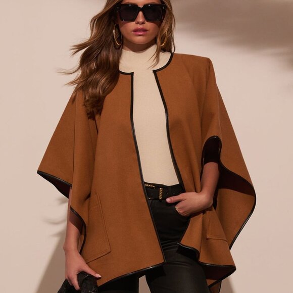 Vici Jackets & Blazers - VICI Warm Welcome Contrast Trim Poncho Cape Camel Brown